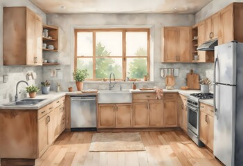 Watercolor modern and minimalist kitchen interior design illustration