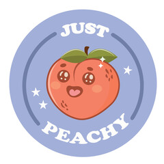Cute cartoon illustration with groovy peach. Retro slogan in round shape. Trendy groovy print design for poster, card, tshirt. Good vibes funny cartoon element. Flat design food print illustration.