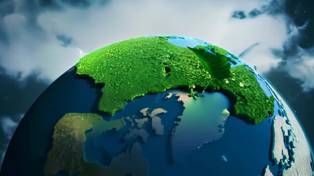 Close-up: Miniature Earth rotates, covered in lush greenery. Time-lapse shows rapid plant growth across continents. Shifting light creates day-night effect.