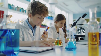 Students learning in science classroom Focused young boy students experiment with chemicals using flasks and test tubes with microscope and laptop on clean white desk in classroom : Generative AI