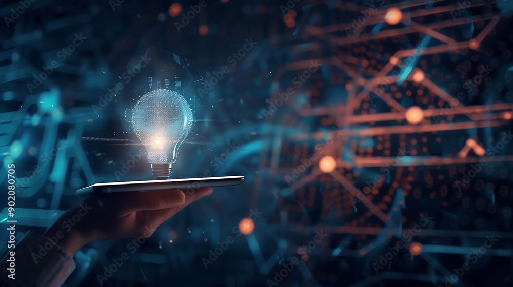 Aufkleber Hand holding tablet with bulb for Artificial Intelligence or AI brain analysis informationTechnology and science conceptmachine learning systemHitech and futuristic world : Generative AI