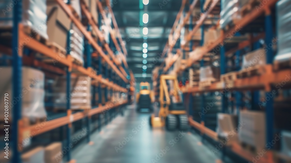 Poster blur background of smart robotic machine inspecting product in storage warehouse interior with shelv