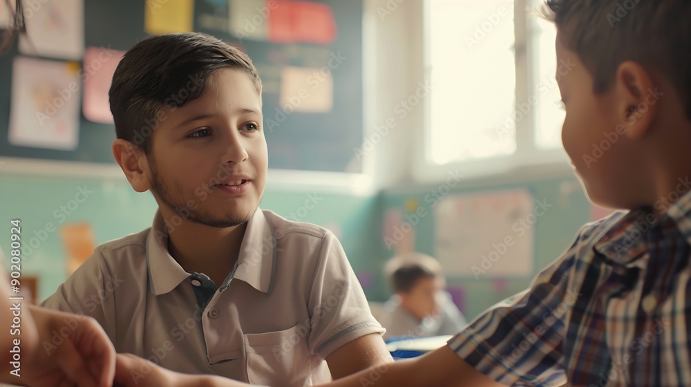 Poster teacher helping latin boy with assignment in elementary school classroom support scholarship and edu