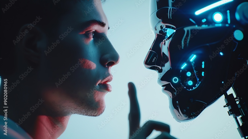 Aufkleber Chat with AI or Artificial Intelligence technology Man touching chatting virtual with an intelligent artificial intelligence asks for answers he wants Smart assistant futuristic Chatbo : Generative AI