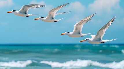 Obraz premium Group of Royal Terns flying above the ocean : Generative AI