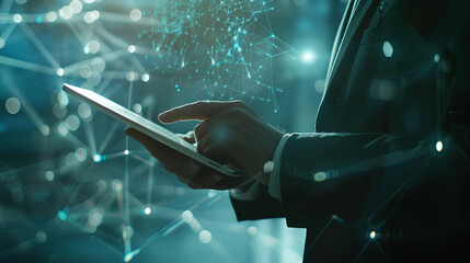 Blockchain technology, data encryption. Businessman using digital tablet with AI blockchain technology and data science, cloud computing, database management, innovative technology background