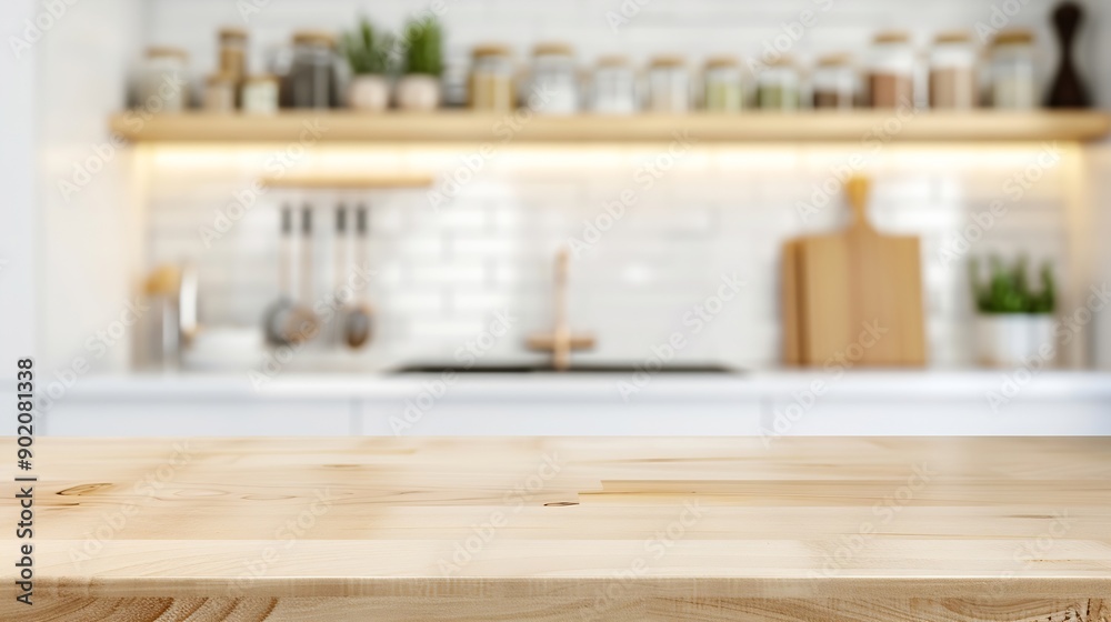 Poster kitchen table background wood counter top on blur of white clean abstract home interior with bokeh u