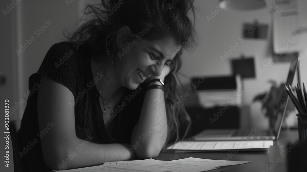 Poster woman office and smile with writing notes or ideas with strategy planning and admin as hr manager fe