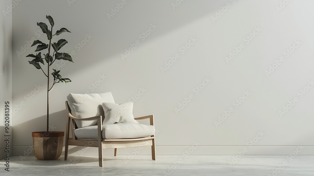 Poster minimal interior armchair zen style wooden chair in front of empty white wall 3d rendering : generat