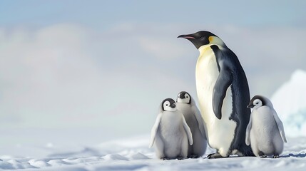 Fototapeta premium Emperor penguin family keeps eye on their little fluffy cubs : Generative AI