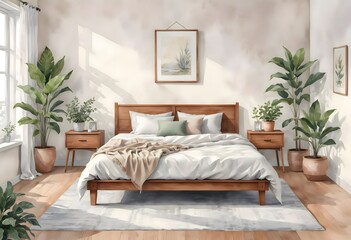 Fototapeta premium Watercolor modern and minimalist bedroom interior design illustration