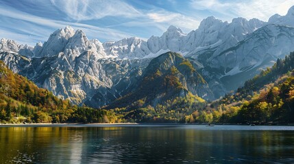 Fototapeta premium Jasna lake with beautiful mountains Nature scenery in Triglav national park Location Triglav national park Kranjska Gora Slovenia Europe Mountain lake Jasna in Krajsnka Gora Slovenia : Generative AI