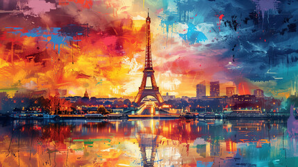 A vibrant, artistic depiction of the Eiffel Tower with a colorful sky and reflections on water.
