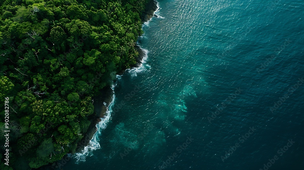 Poster aerial view of the dark green forest and the sea natural ecosystems of forests and oceans concept of