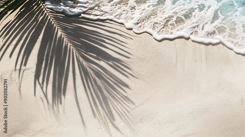 Aufkleber empty abstract sand beach with palm leaf shadow and transparent water wave from above blank background banner for travel vacation and wellbeing with copy space : Generative AI