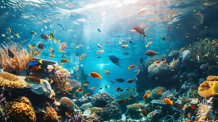 Tropical sea underwater fishes on coral reef Aquarium oceanarium wildlife colorful marine panorama landscape nature snorkel diving : Generative AI