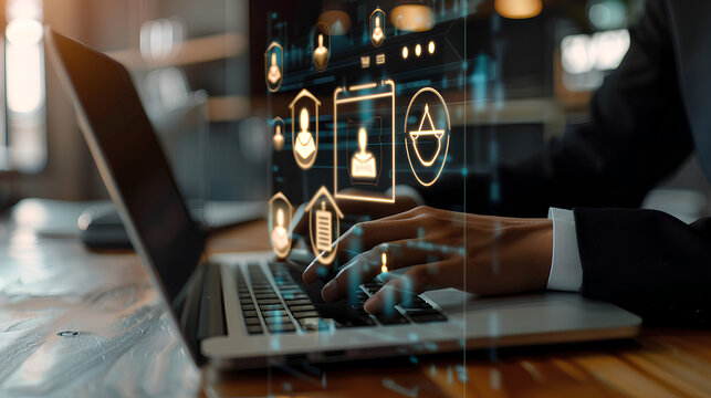 Businessman or Lawyer working with legal services icons on a laptop virtual screen can legal advice online such as labor law for business or company. Notary public, business legislation, justice