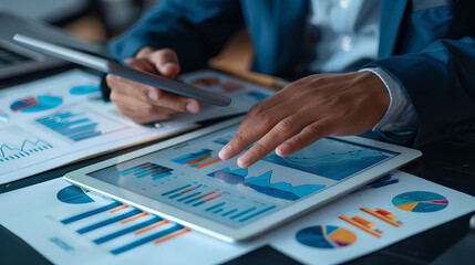 Businessman using tablet analyzing sales data and financial report, business growth graph chart. digital marketing planning and strategy, financial report, business, finance and investment concept