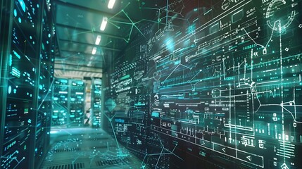 Image of mathematical equations and data processing over server room Global technology computing and digital interface concept digitally generated image : Generative AI
