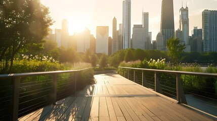 Fototapeta premium Chicago Skyline at Sunrise from the Wooden Bridge in Millennium Park Illinois : Generative AI