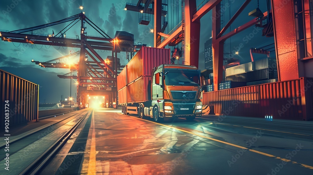 Poster container truck in ship port for business logistics and transportation of container cargo ship and c