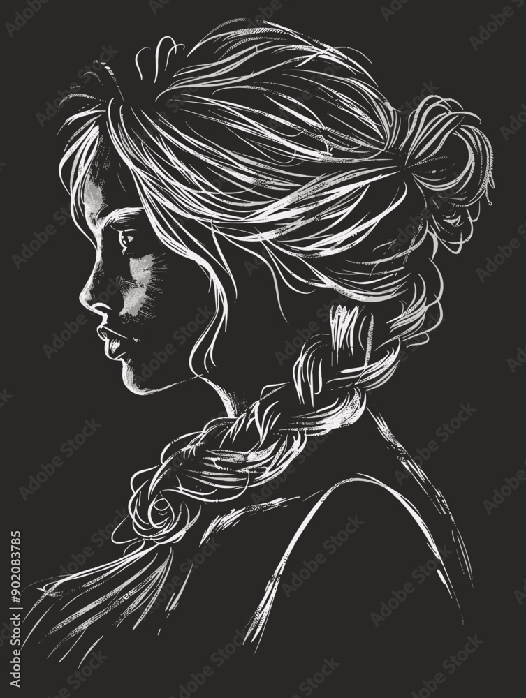 Wall mural portrait of beautiful woman with braids. hand drawn vector illustration