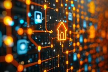 Fototapeta premium Digital house icon with orange circuit board representing smart home technology and advanced connectivity