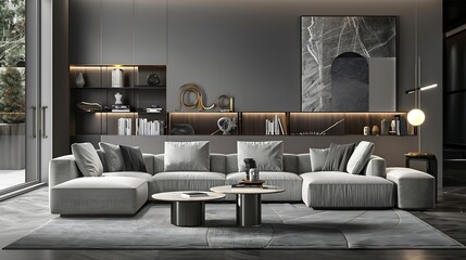 Interior of modern living room with grey sofas table and shelf units : Generative AI