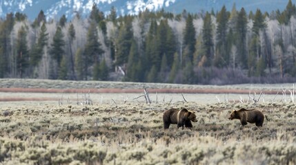 Grizzly Bears in Yellowstone National Park Wyoming in Spring : Generative AI