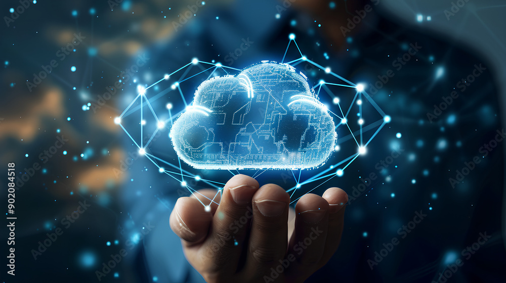 Poster cloud computing technology concept. businessman hand holding cloud computing icon network. download 