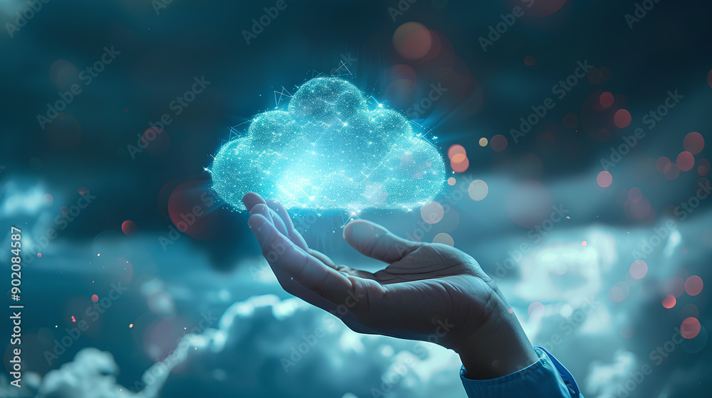 Poster cloud computing technology concept. businessman hand holding cloud computing icon network. download 