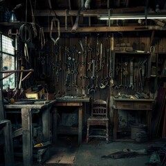 Exploring an Old Workshop Filled With Various Tools and Rustic Charm at Dusk