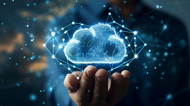 Cloud computing technology concept. Businessman hand holding cloud computing icon network. download and information upload on application system. data transfer loading solution, Secure online storage