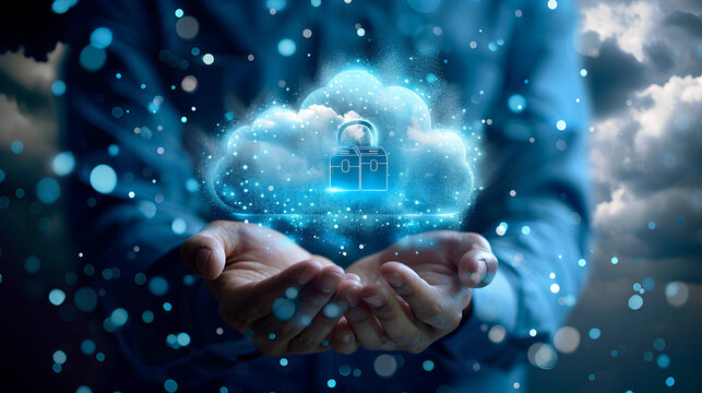 Cloud computing technology concept. Businessman hand holding cloud computing icon network. download and information upload on application system. data transfer loading solution, Secure online storage