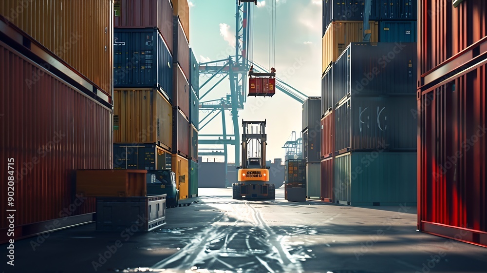 Poster Industrial Container Cargo freight ship forklift handling container box loading for logistic import export and transport industry concept : Generative AI