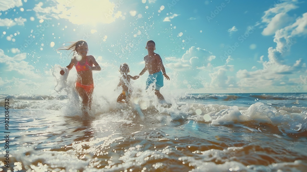 Wall mural running water splash and happy family at beach with fun bonding or freedom on summer vacation and ho