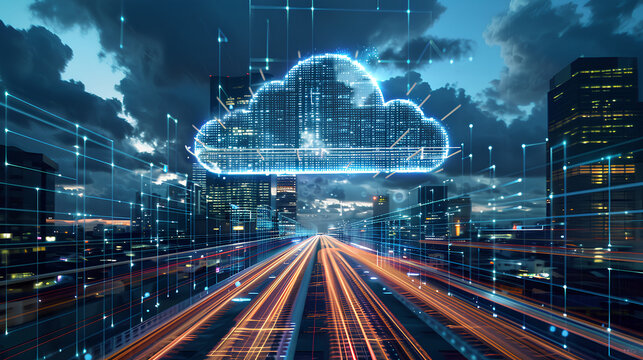 cloud computing with a speeding train on a city background 