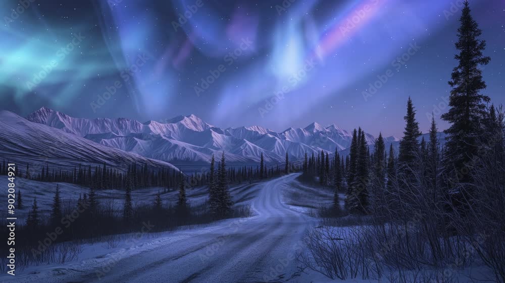 Wall mural alaska denali national park aurora above forest road loop generative ai