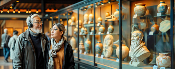 Couple in art museum. Senior asian man and woman in gallery with audio guide. Old people visit exhibition. Visitors watch ancient statue, translate tour by headphones. Japanese chinese korean tourist