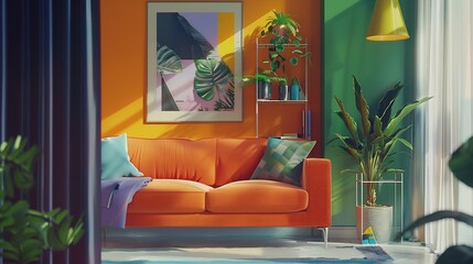 Modern and colorful interior of living room with design boucle sofa mock up poster shelf plants decorations and personal stuff Home decor : Generative AI