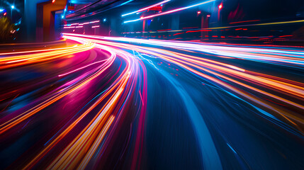 Fototapeta premium Colorful light trails with motion effect. Car high speed light lines 