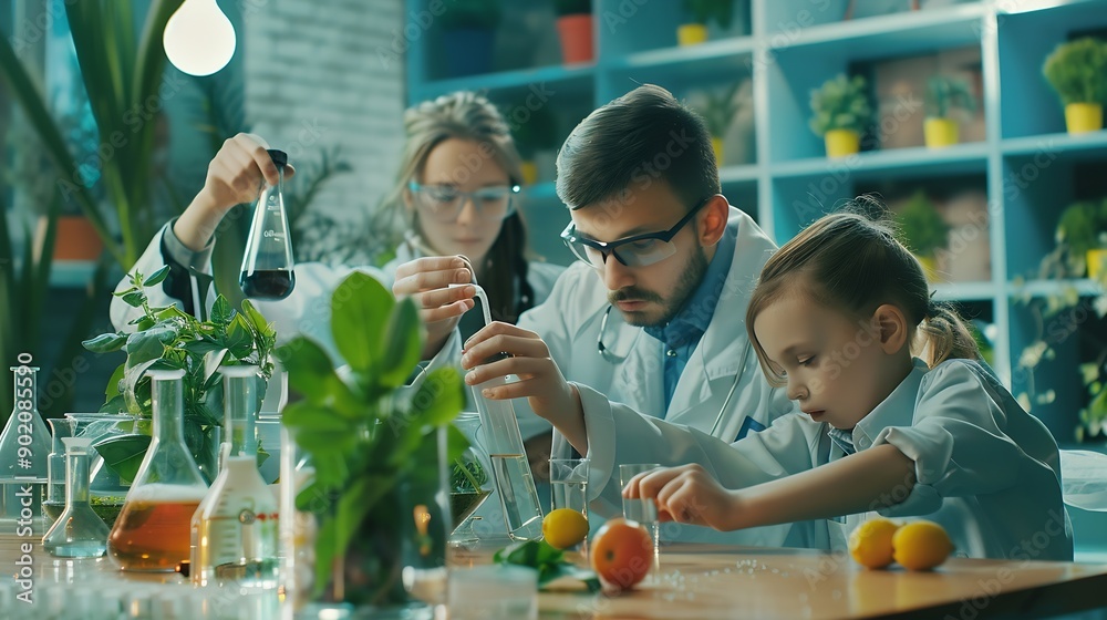 Poster smart boys and talented girls experimenting with growing crops and testing different nutrition addit