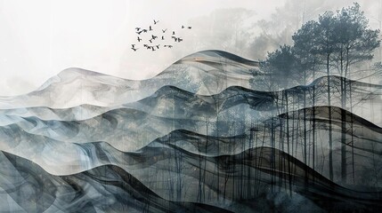 Misty Forest Landscape: Abstract Art, Nature, Trees, Fog, Mountains, Blue, Gray, Black, White, Contemporary