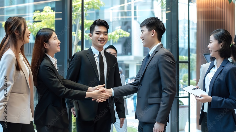 Poster handshake hiring and business people in meeting recruitment and job interview with agreement group e