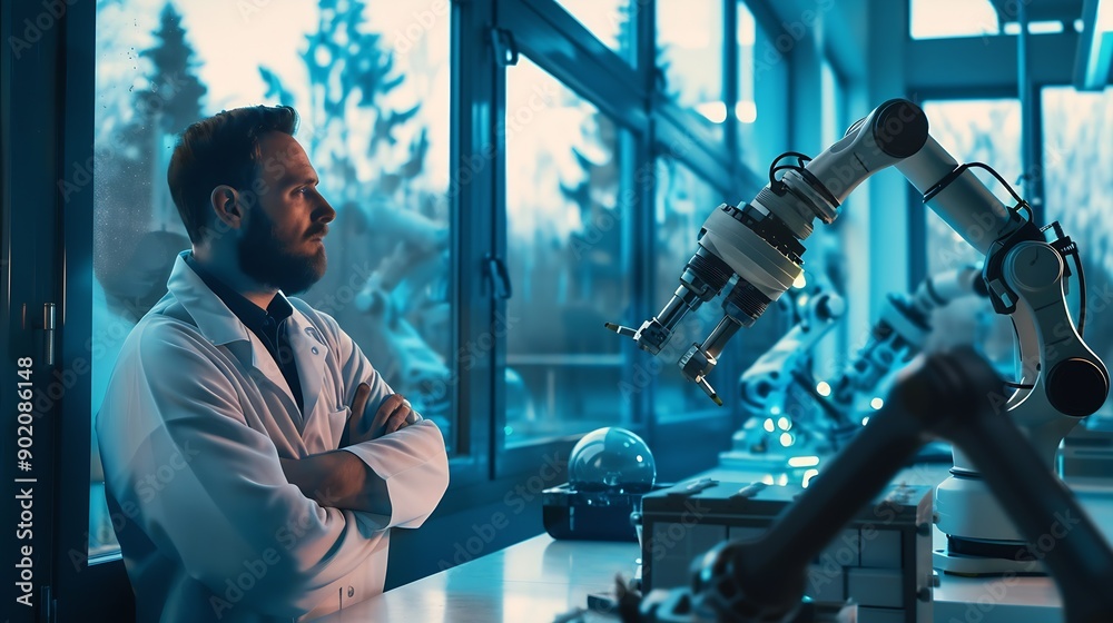 Poster Thoughtful scientist standing near robotic arms in front of window at laboratory : Generative AI