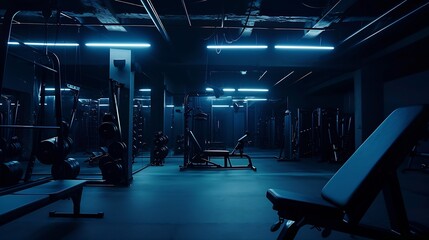 Dark gym interior with sports equipment empty room in the morning : Generative AI