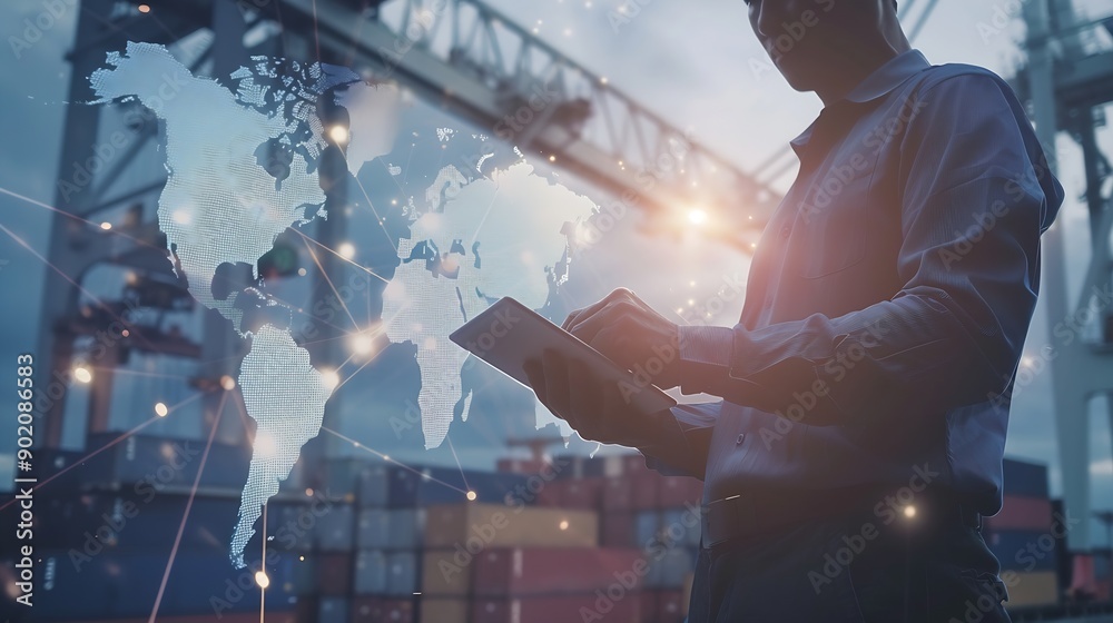 Poster Multiple exposures of Businessman touching tablet for analyze stock at logistics port and world map with logistic network distribution : Generative AI
