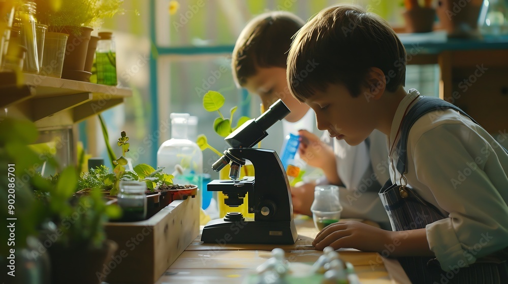 Aufkleber Learning students and children in classroom for microscope teacher and science for experiment of plants Container sample and observation of nature growth and development of kids with e : Generative AI