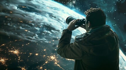 Forecast Future World Economy Man Binoculars Watch the World Telescope Performance Representation Analyze Binoculars Advice Development Discovery Education Searching Sphere Strategy : Generative AI