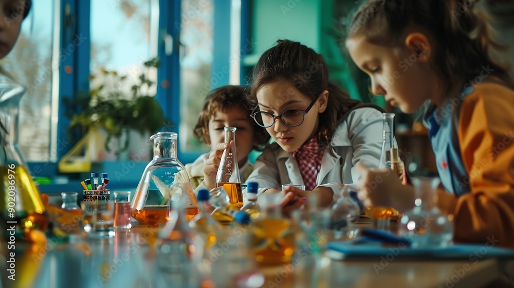 Aufkleber Education learning or science with teacher and students at table in laboratory for experiment or reaction Classroom school or study with woman scientist and children at academy for dev : Generative AI